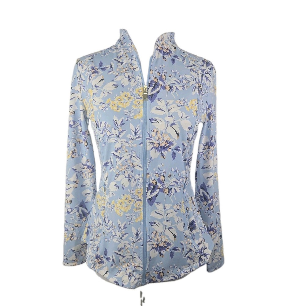 Laura Ashley Blue Floral Full Zip Mock Neck Active Jacket Small Zippered Pocket